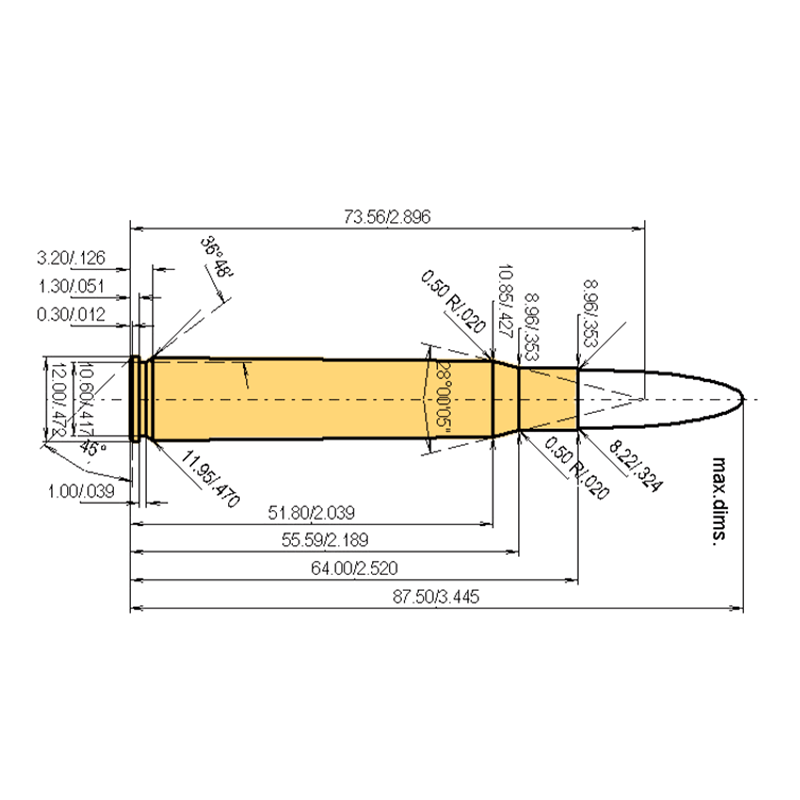 8 x 64 S Calibres Dimensiones y especificaciones técnicas